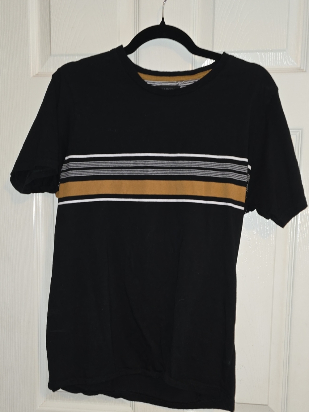 Denim & Flower Black Short-Sleeve Crewneck Tee with Mustard Stripe